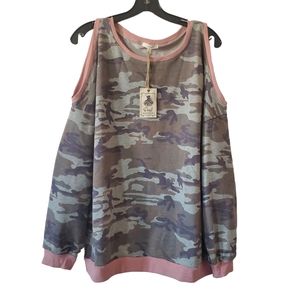 Easel Green Came Crew Neck Cold Shoulder Sweatshirt Pink Trim Size Medium New